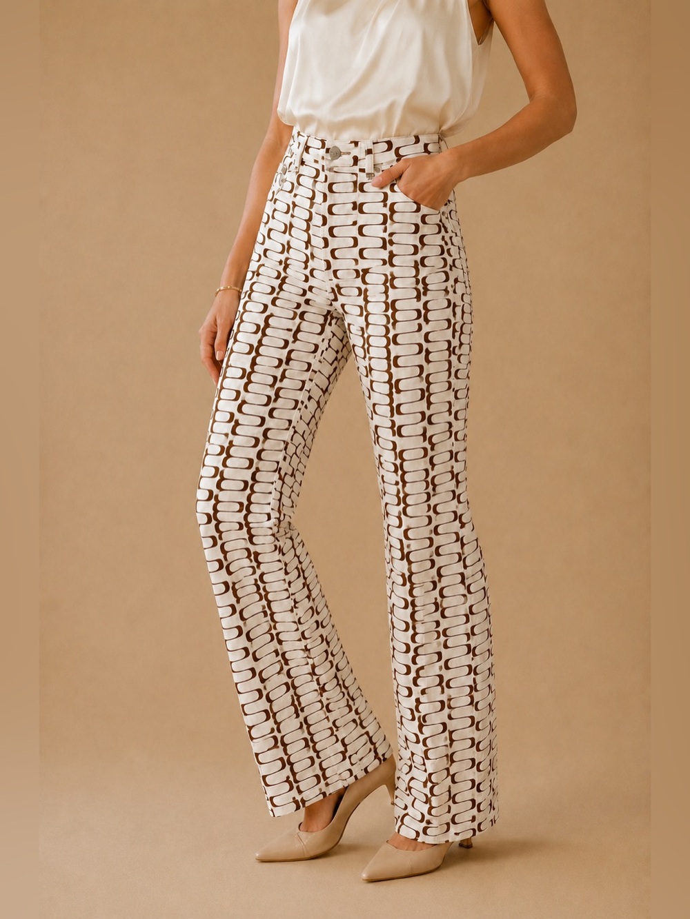 Reformation Cream and Brown Patterned Boot Cut Pants